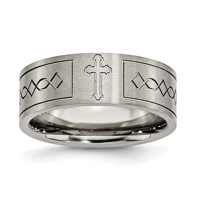 Buy Stylish Brushed Titanium 8mm Flat Band, Chiseled Cross Design, Luxury Look-1