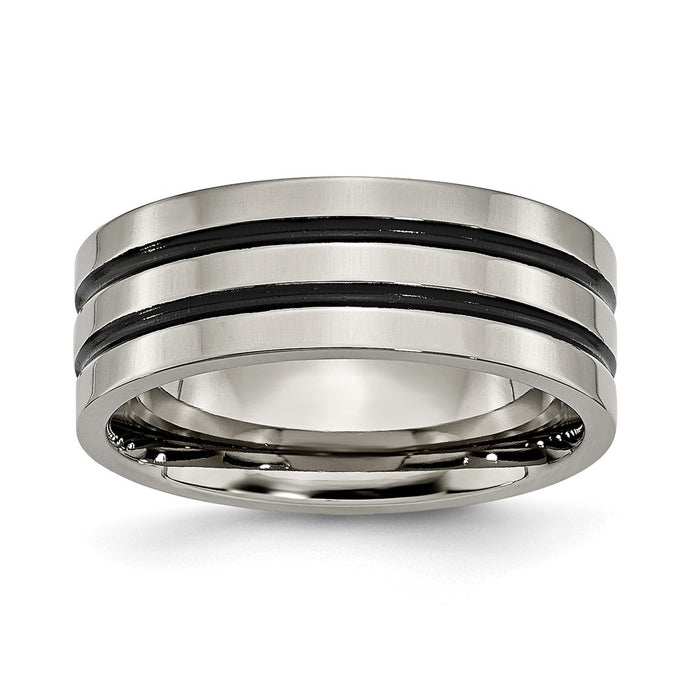 Buy Stylish 8mm Chiseled Titanium Flat Band with Polished Black Enamel-1