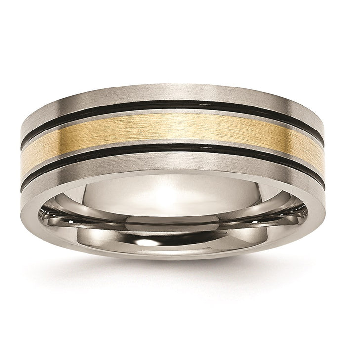 Buy Stylish 7mm Chiseled Titanium Flat Band with 14K Gold Inlay - Luxury Design-1
