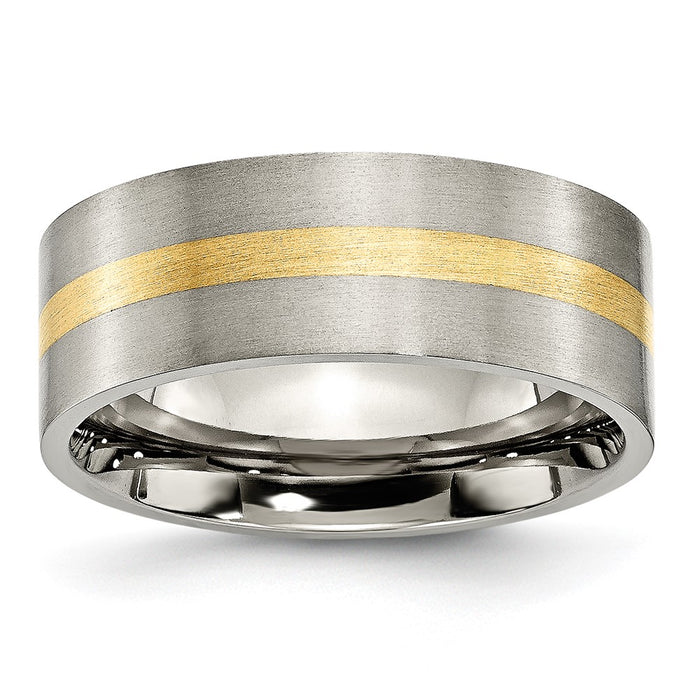 Exclusive 8mm Flat Band in Brushed Titanium with 14K Gold Inlay - Stylish Value-1