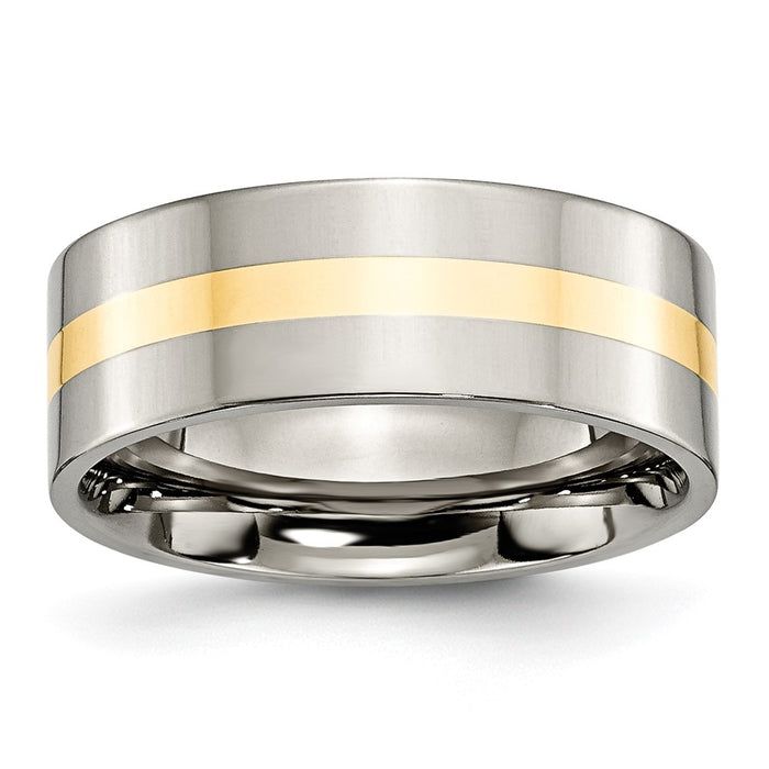 High-quality Chiseled Titanium Flat Band with 14K Gold Inlay - 8mm Stylish Design-1