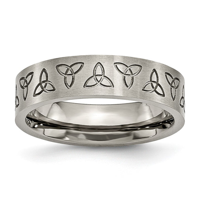 Order Stylish Brushed Titanium 6mm Flat Band with Trinity Symbol Design-1