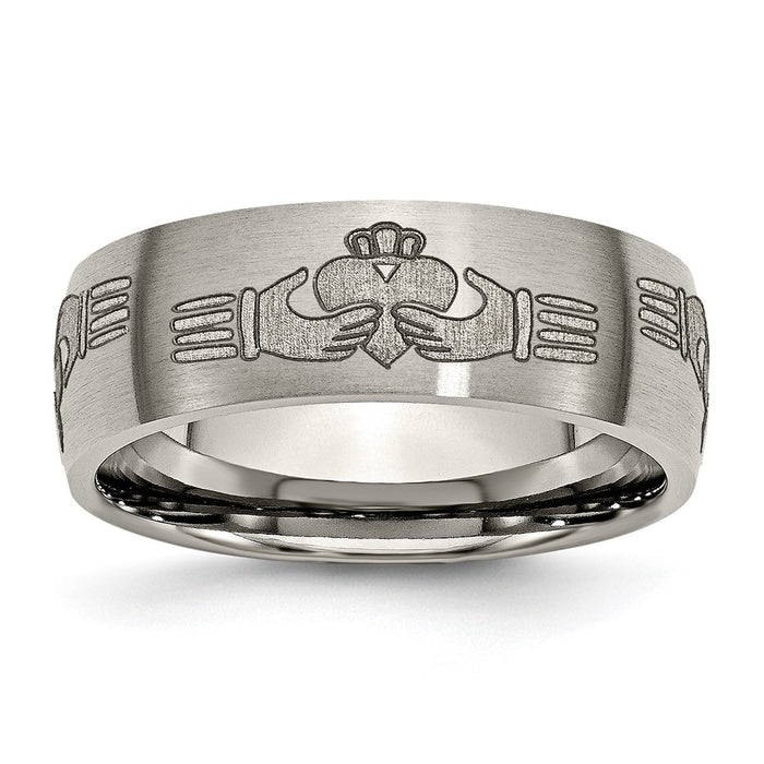 High-Quality Brushed Titanium 8mm Claddagh Band | Stylish Laser Engraved Design-1
