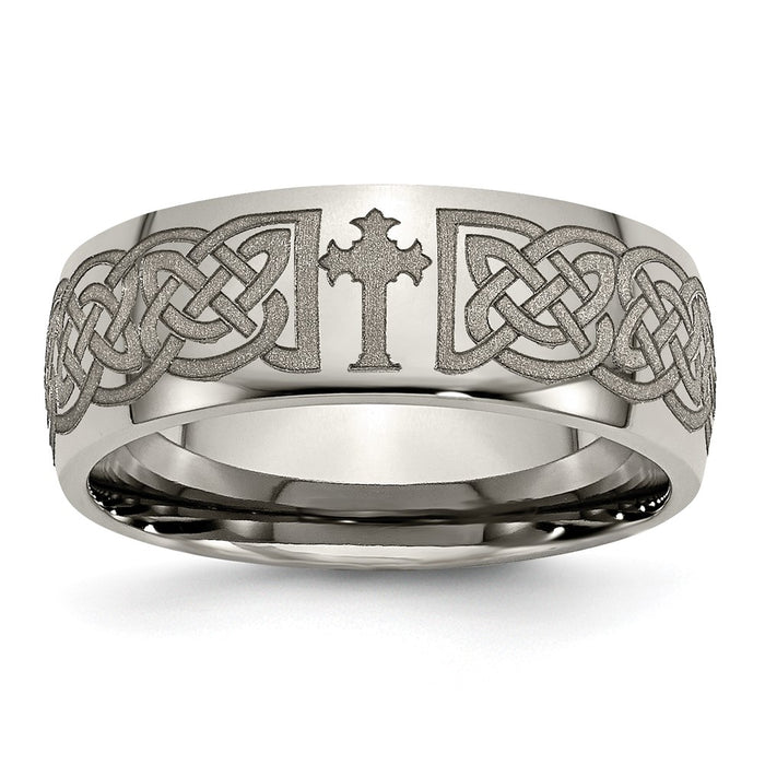 Buy Stylish Polished Titanium Celtic Cross Band - 8mm Laser-Engraved Design-1