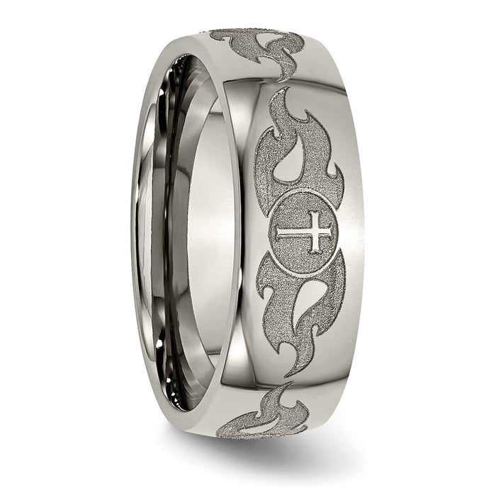 Buy Stylish 8mm Titanium Band with Laser-Engraved Cross & Flame Design-4