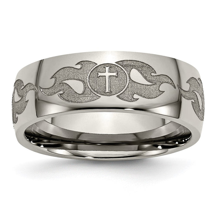 Buy Stylish 8mm Titanium Band with Laser-Engraved Cross & Flame Design-1