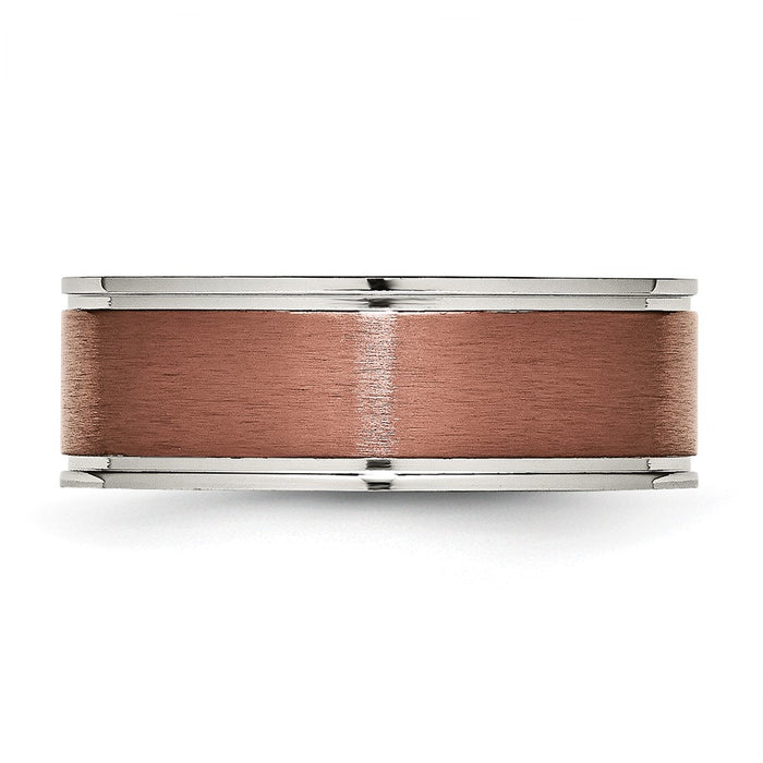 Buy Stylish 8mm Chisel Grooved Edge Band - Brushed Titanium & Brown IP-Plating-3