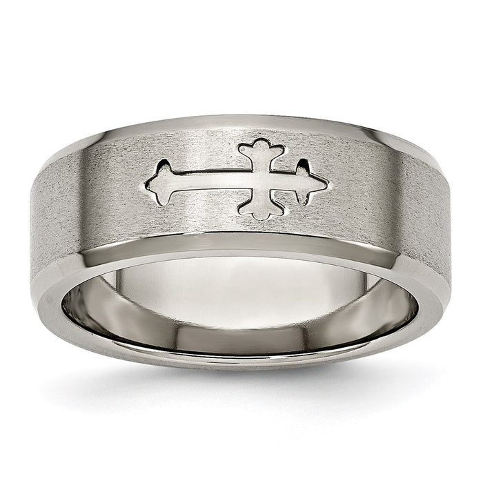 High-Quality 8mm Titanium Beveled Edge Band with Cross Design - Stylish Value!-1