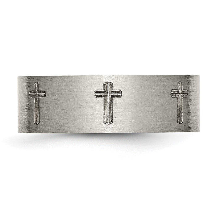 Buy Stylish 8mm Brushed Titanium Flat Band with Chiseled Cross Design-3