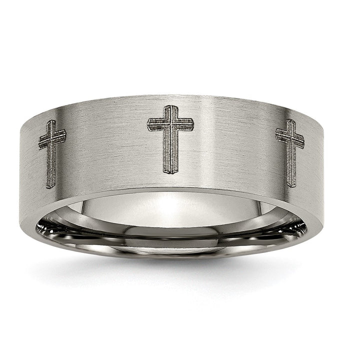 Buy Stylish 8mm Brushed Titanium Flat Band with Chiseled Cross Design-1