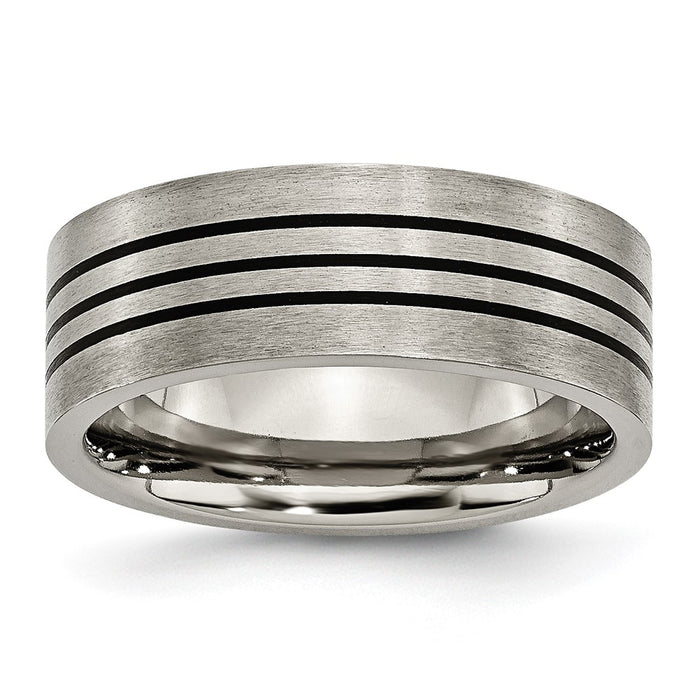 Buy High-Quality 8mm Chiseled Titanium Flat Band with Stylish Black Enamel Stripes-1