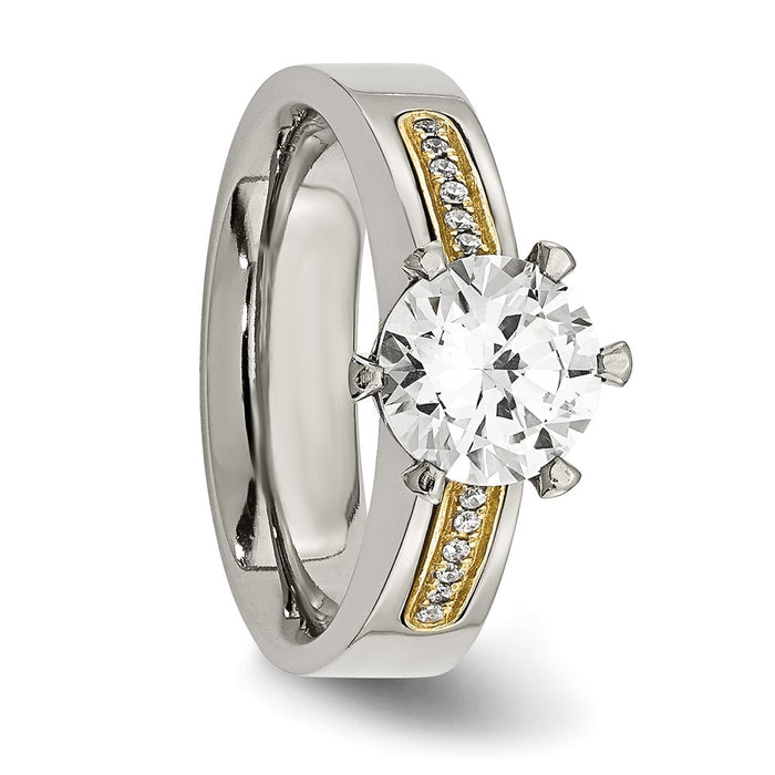 Buy Stylish Chiseled Titanium Ring with 14K Gold Inlay and CZ Stones-5