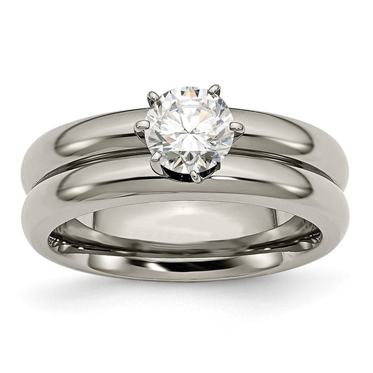 High-Quality Polished Titanium Chisel Ring with Cubic Zirconia Accents