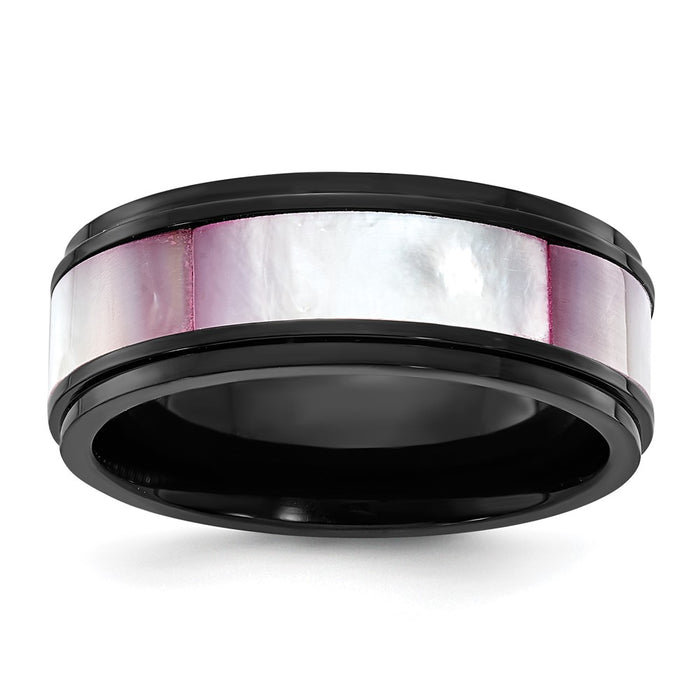 Buy Stylish 8mm Chisel Titanium Band with Black IP & Pink Mother of Pearl Inlay-1