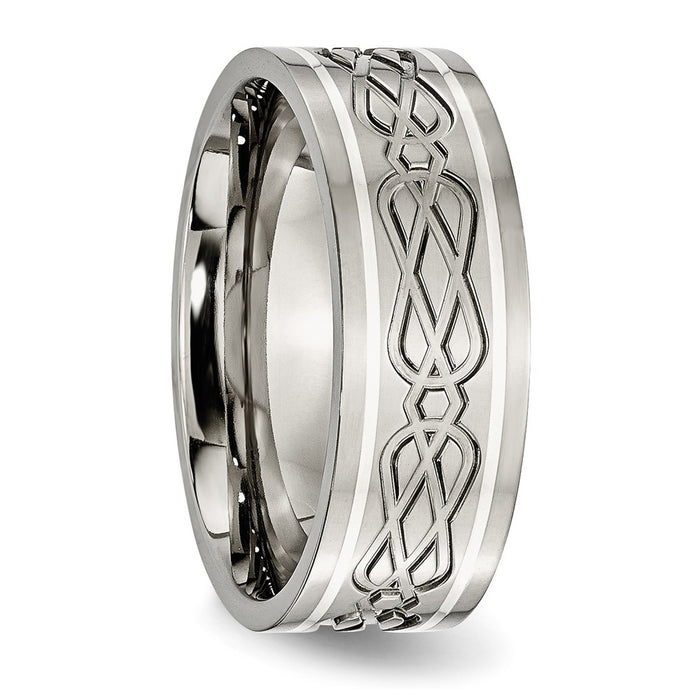 High-Quality Celtic Knot 8mm Flat Band in Polished Titanium & Silver Inlay-4