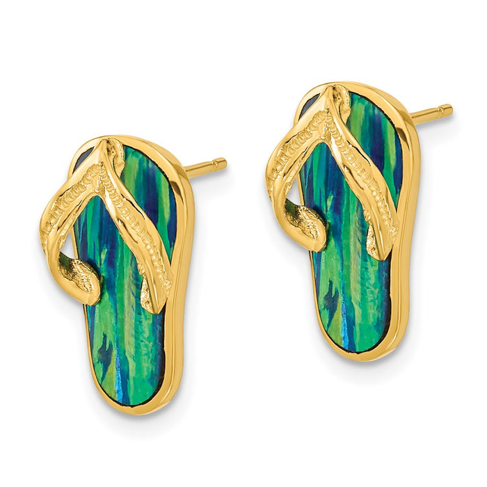 High-Quality 14K Gold Flip Flop Post Earrings with Created Blue Opal - Stylish Value-2