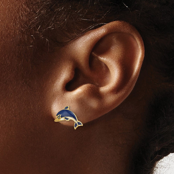Shop Stylish 14K Gold Dolphin Stud Earrings with Blue & White Enamel - Luxury-3