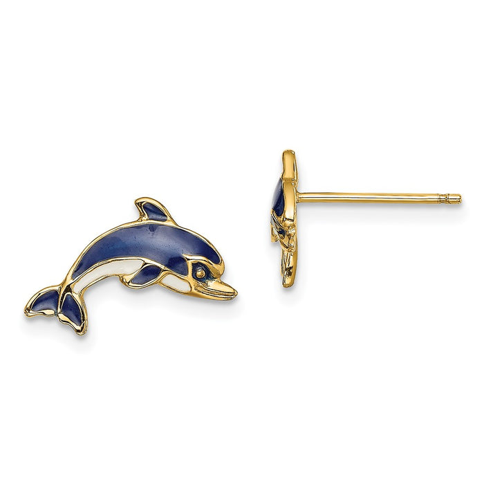 Shop Stylish 14K Gold Dolphin Stud Earrings with Blue & White Enamel - Luxury-1