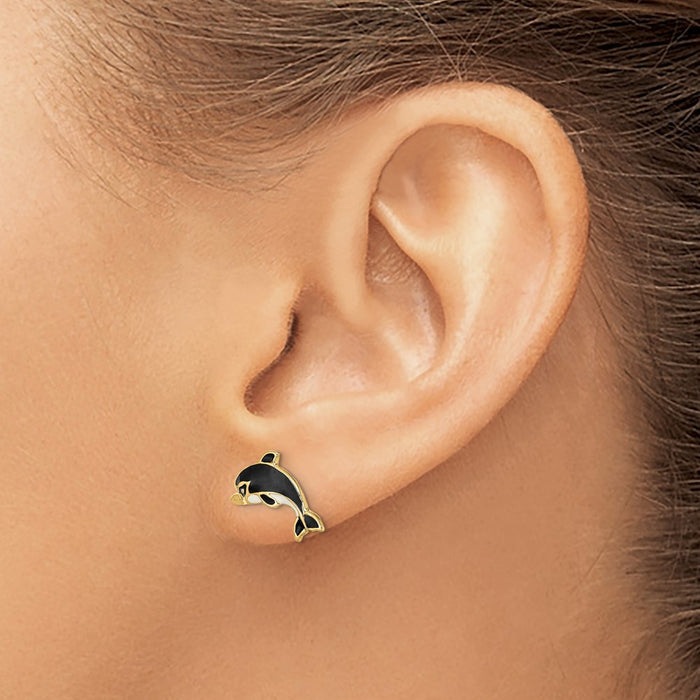 Shop Exclusive 14K White Gold Dolphin Earrings with Black Enamel Accents-3