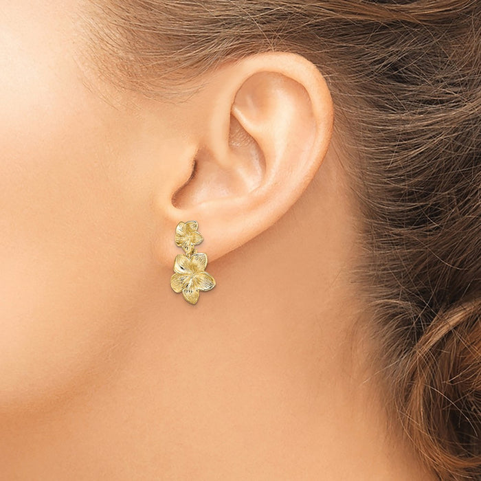 Exclusive 14K Gold Double Plumeria Flower Drop Earrings - Stylish & Affordable!-3