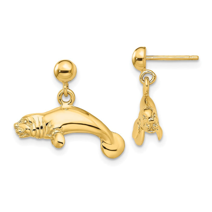 Shop Stylish 14K Gold 3D Polished Manatee Dangle Earrings - Lightweight & Unique-1