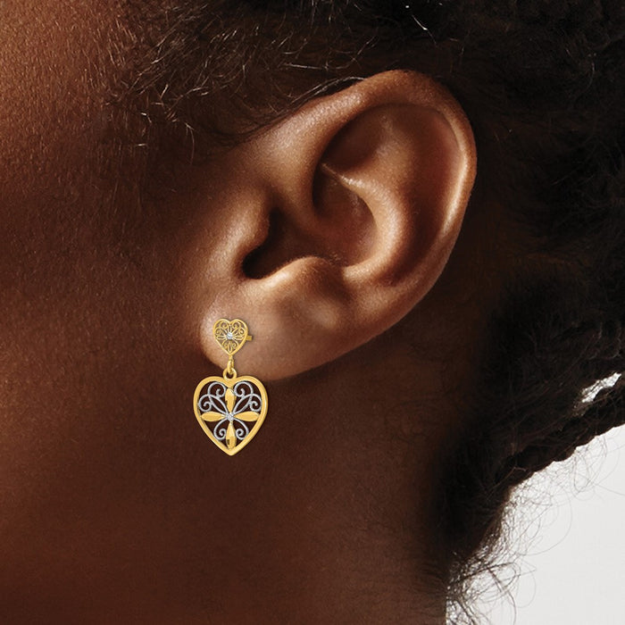 Exclusive 14K White Gold Rose & Heart Dangle Earrings - Stylish Beaded Filigree-3