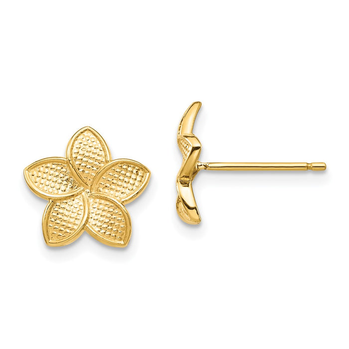 Shop Stylish 14K Gold Plumeria Stud Earrings - Polished & Textured Design-1