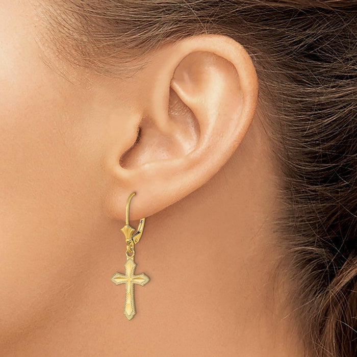 Buy 14K Gold D/C Cross Leverback Earrings - Stylish Beaded Edge Design-3