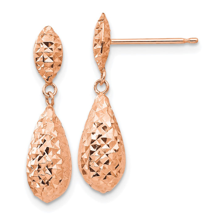 Designer 14K Rose Gold Diamond-Cut Teardrop Dangle Earrings - Stylish Puff Design-1