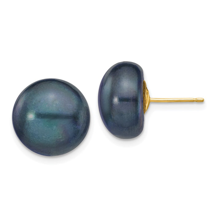 Luxury 14K Gold Black Button Freshwater Pearl Stud Earrings - 12-13mm Size-1