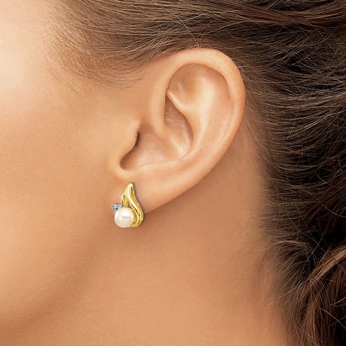 Buy Stylish 14K Gold & Rhodium Pearl Earrings | 5-6mm Freshwater & 0.02ct Diamond-3