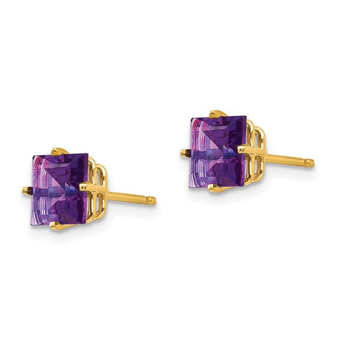 High-Quality 14K Gold 6mm Princess Cut Amethyst Stud Earrings - Stylish Value!-2