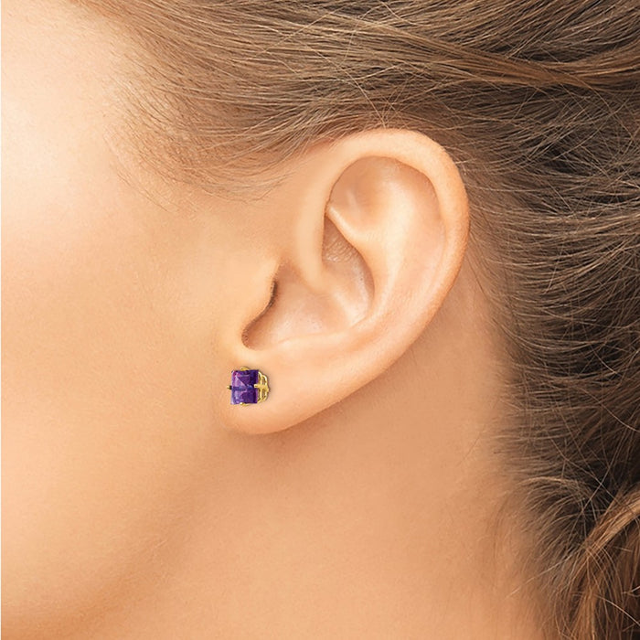High-Quality 14K Gold 6mm Princess Cut Amethyst Stud Earrings - Stylish Value!-3