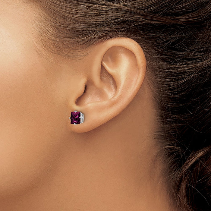 Exclusive 14K White Gold 6mm Rhodolite Garnet Princess Cut Stud Earrings-3