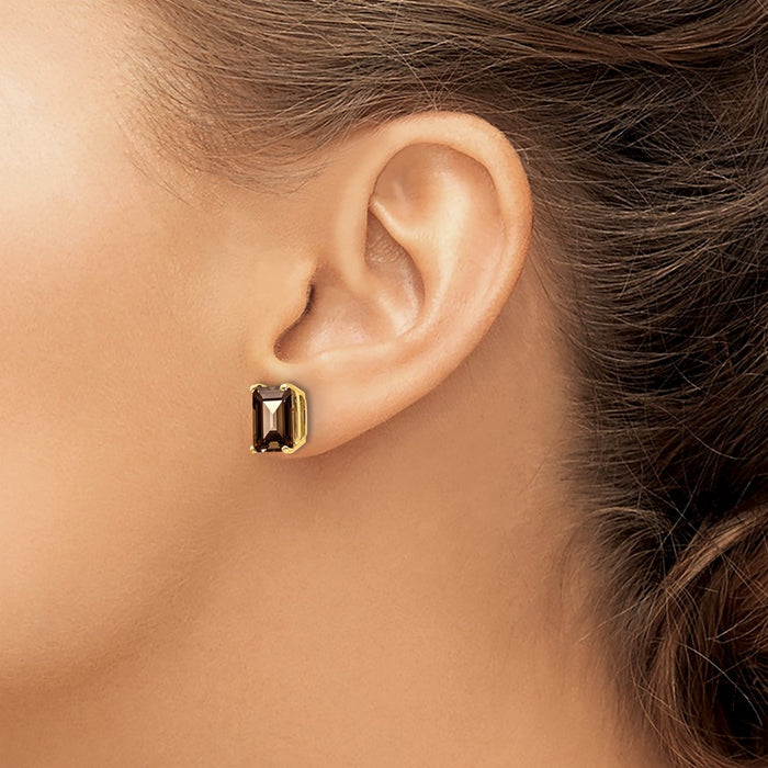 Exclusive 14K Gold 9x7mm Emerald & Smoky Quartz Earrings - Affordable Luxury!-3