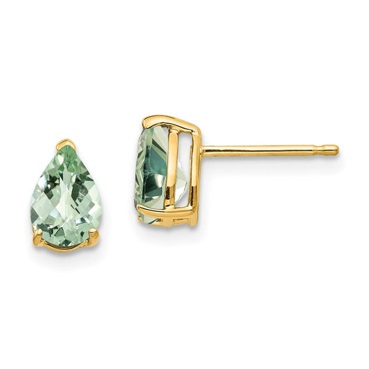Exclusive 14K Gold 7x5mm Checker-Cut Green Quartz Pear Earrings - Stylish Value!