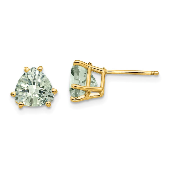 Designer 14K Gold 7mm Trillion-Cut Green Quartz Earrings - Stylish Luxury Value-1