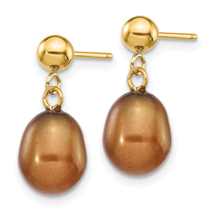 High-Quality 14K Gold 7-8mm Brown Rice Pearl Dangle Earrings | Stylish Value!-2