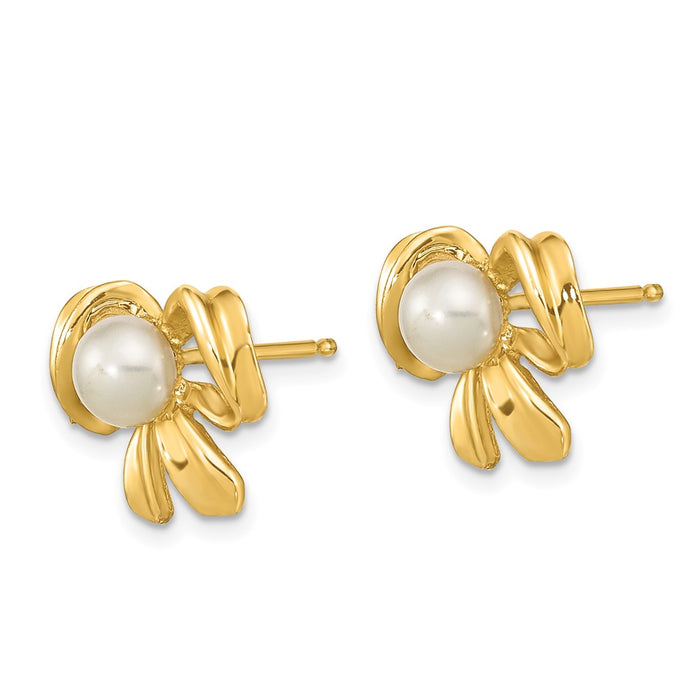 High-Quality 14K Gold White Pearl Bow Earrings - 3-4mm, Stylish Value Offer!-2