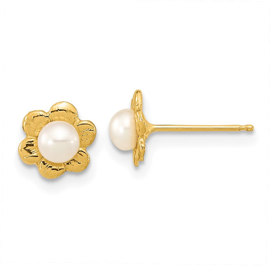 Buy Stylish 14K White Gold Flower Post Earrings with 3-4mm Pearls - Affordable Luxury