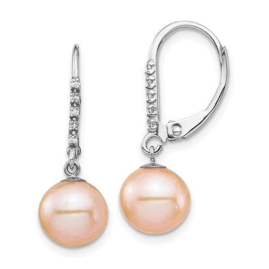 Shop Stylish 14K White Gold Dangle Earrings with 8-9mm Pink Pearls & Diamonds
