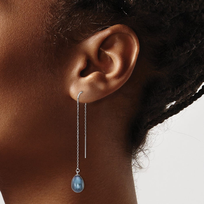 Designer 14K White Gold Threader Earrings with 7-8mm Black Pearls - Luxury Value-3