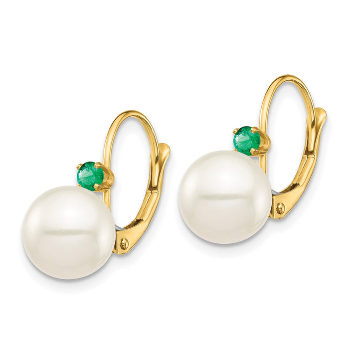 High-Quality 14K White Gold Earrings with 8.5mm Pearls & .18ct Emeralds-2