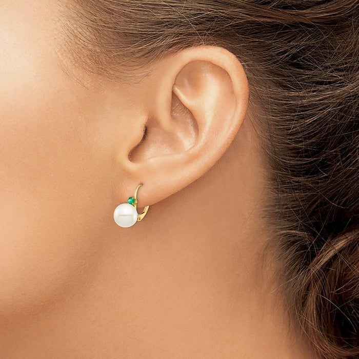 High-Quality 14K White Gold Earrings with 8.5mm Pearls & .18ct Emeralds-3