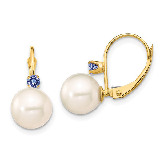 High-Quality 14K White Gold Leverback Earrings with 8mm Pearls & Tanzanite
