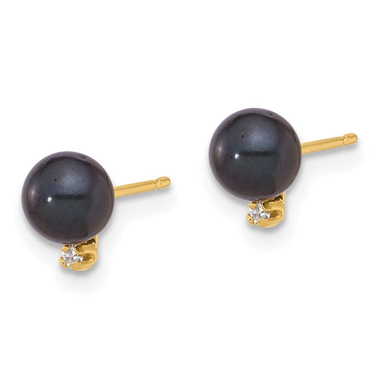Shop Stylish 14K Gold Black Round Akoya Pearl Earrings with 0.02ct Diamonds