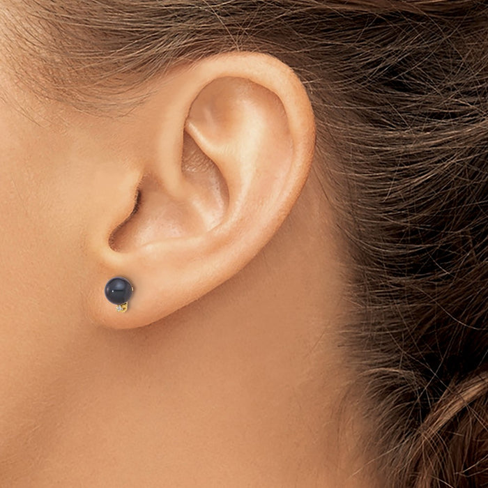 Shop Stylish 14K Gold Black Round Akoya Pearl Earrings with 0.02ct Diamonds-3