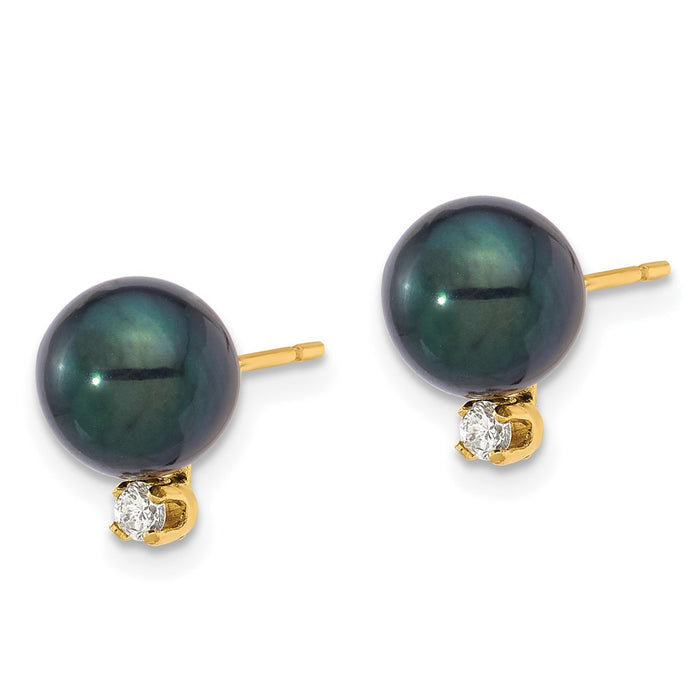 High-Quality 14K Gold Black Round Akoya Pearl Earrings with 0.10ct Diamonds-2