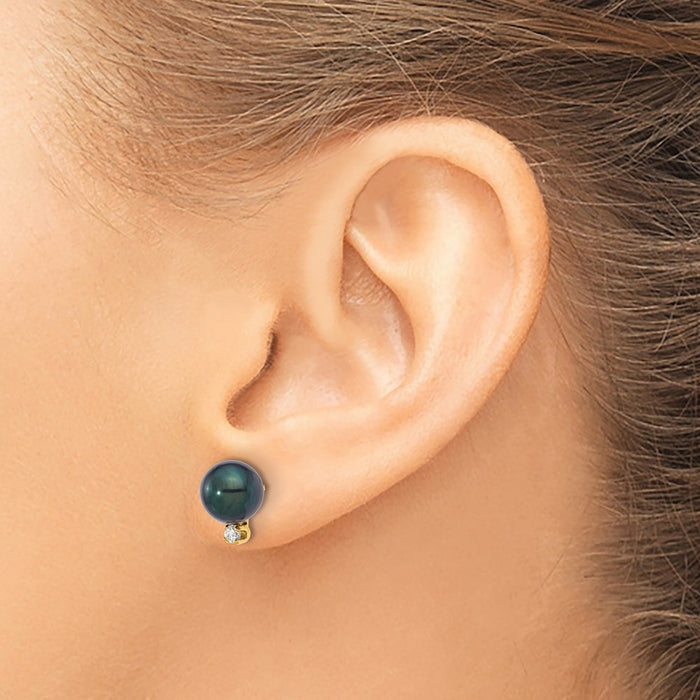 High-Quality 14K Gold Black Round Akoya Pearl Earrings with 0.10ct Diamonds-3