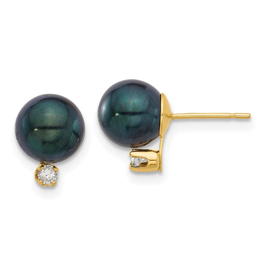 High-Quality 14K Gold Black Round Akoya Pearl Earrings with 0.10ct Diamonds